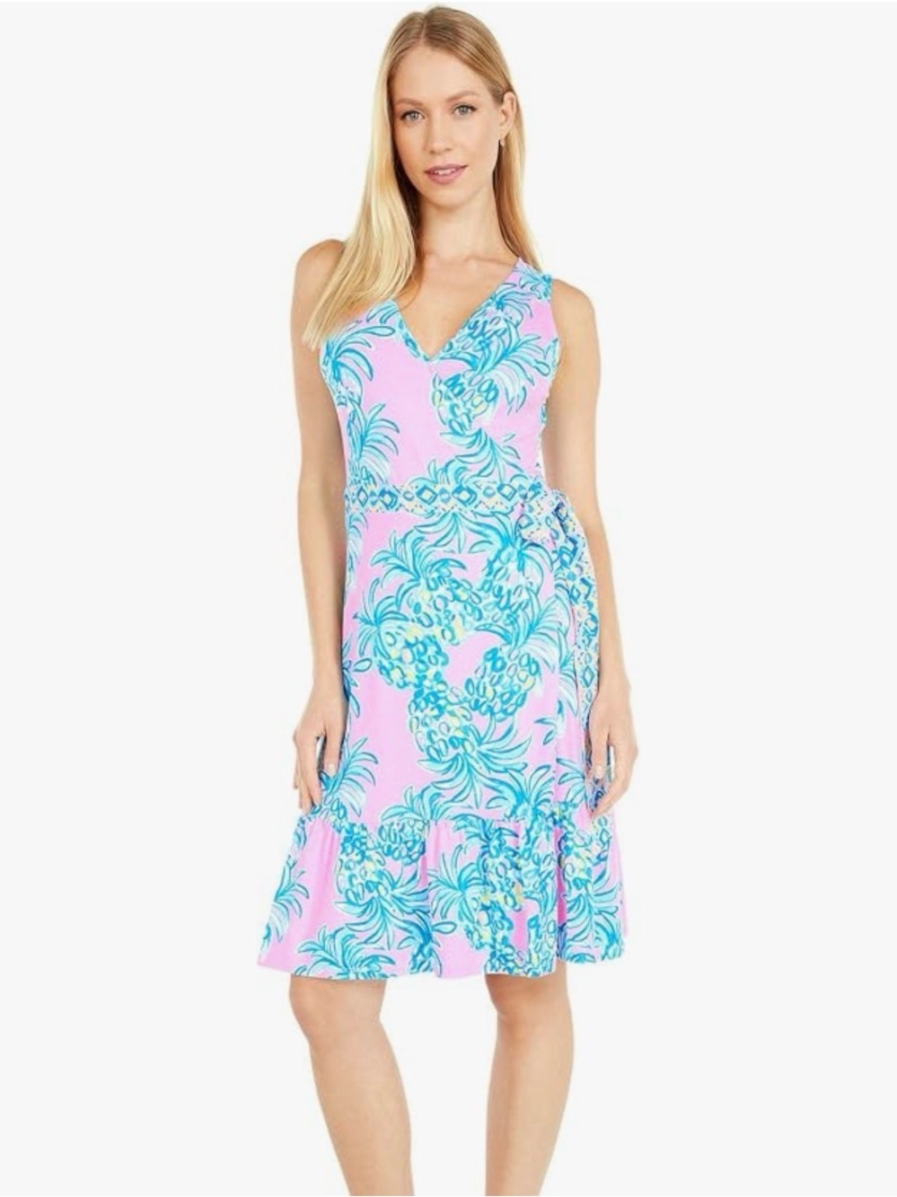 Lilly Pulitzer Pink Midi Dress with Aqua Tropical Motif - Picture 1 of 7